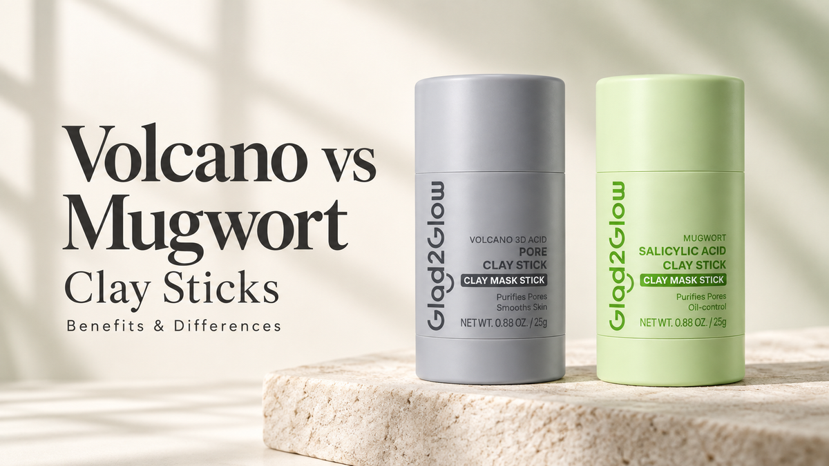 Glad2Glow Volcano and Mugwort clay mask sticks beside the title Benefits & Differences.